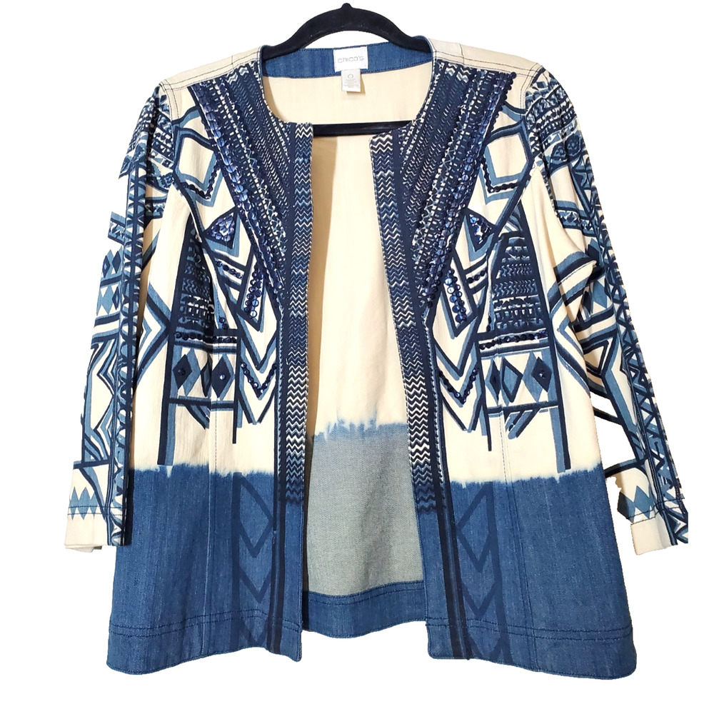 Chico's 1 Womens medium Denim Jacket Lightweight Open Front Blue Printed Sequins